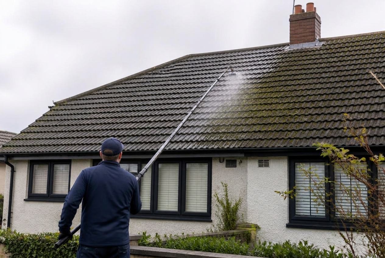 Technician soft washing a tiled roof with a long-reach pole from ground level