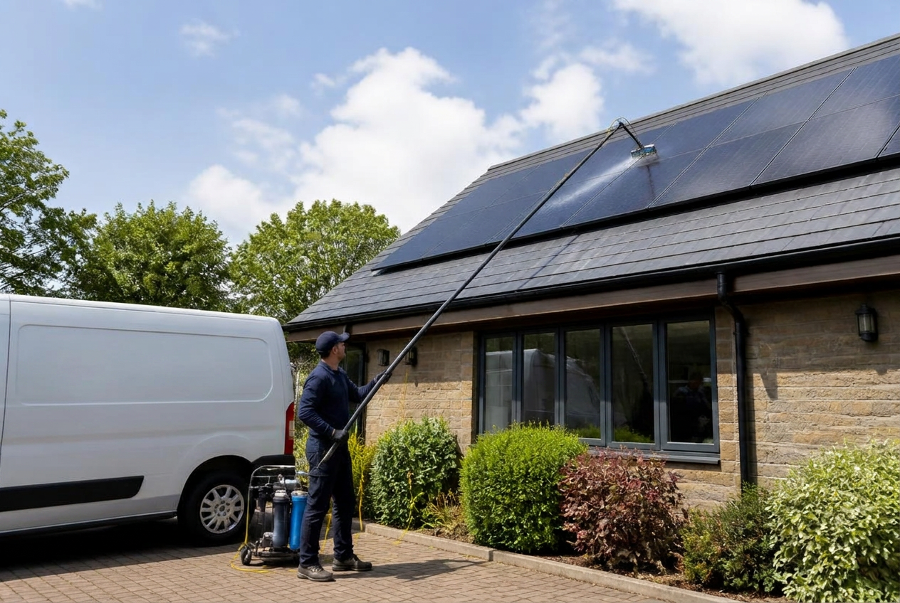 Technician cleaning rooftop solar panels with a water-fed pole and purified water